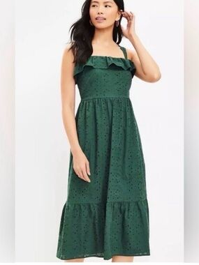 Loft Sleeveless ruffle Dark Green Eyelet Midi Dress women’s 2 XS NWT